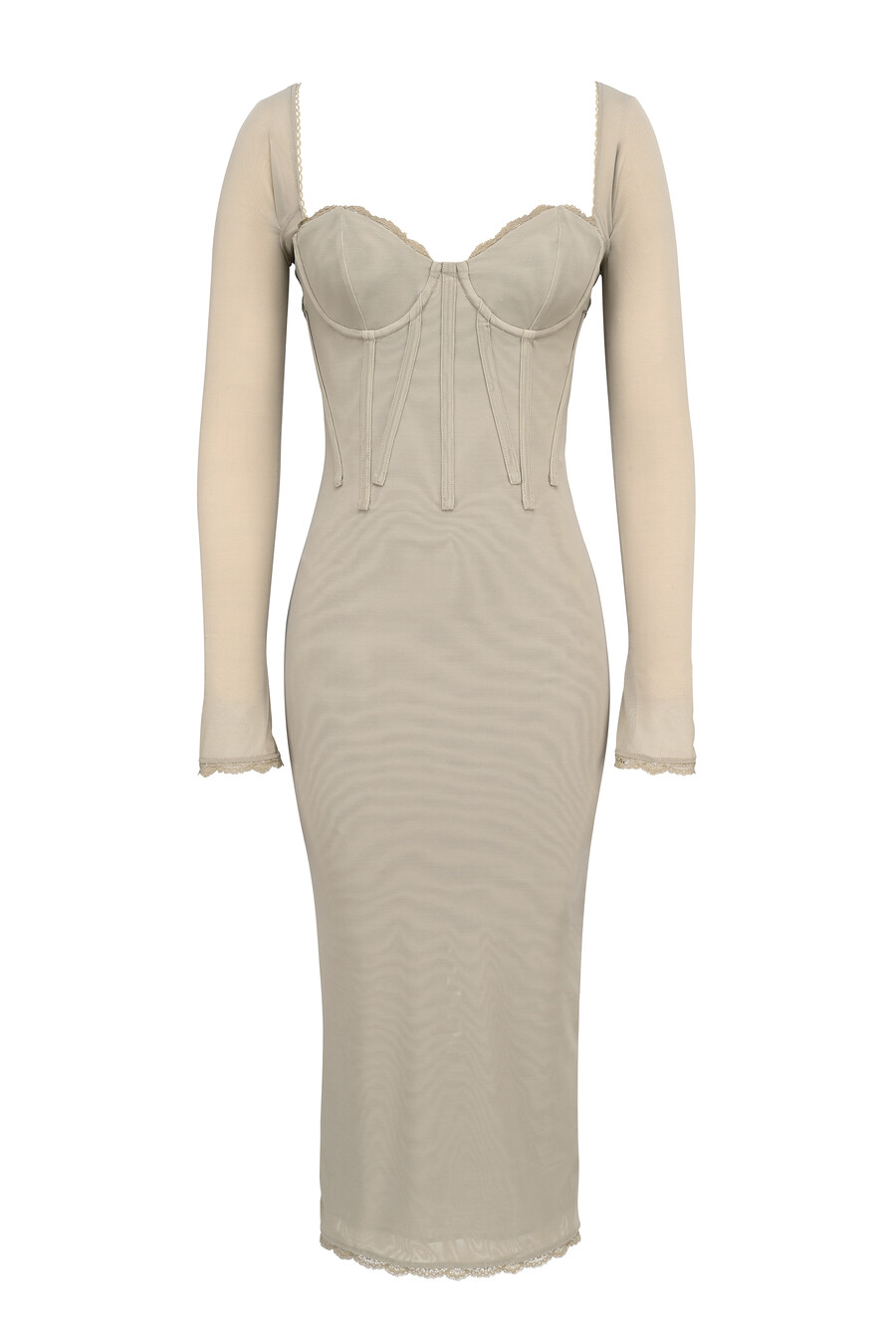abito midi aderente a maniche lunghe in rete beige