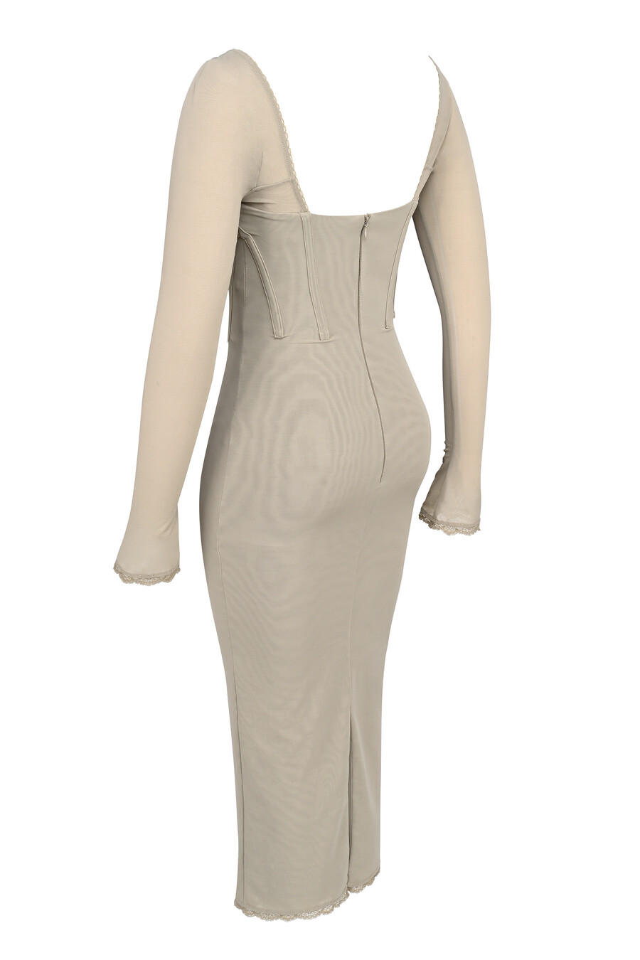abito midi aderente a maniche lunghe in rete beige