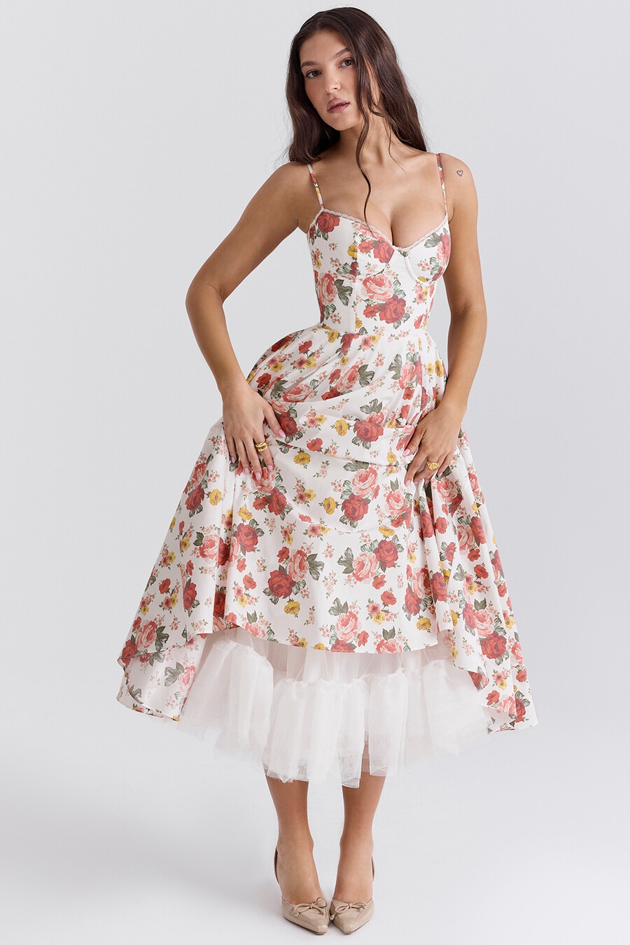 abito midi in tulle con stampa di rose italiane