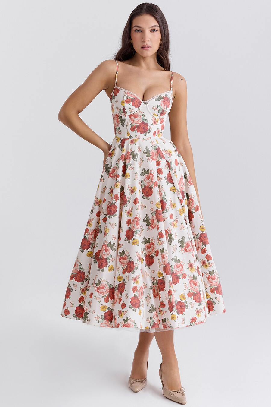 abito midi in tulle con stampa di rose italiane