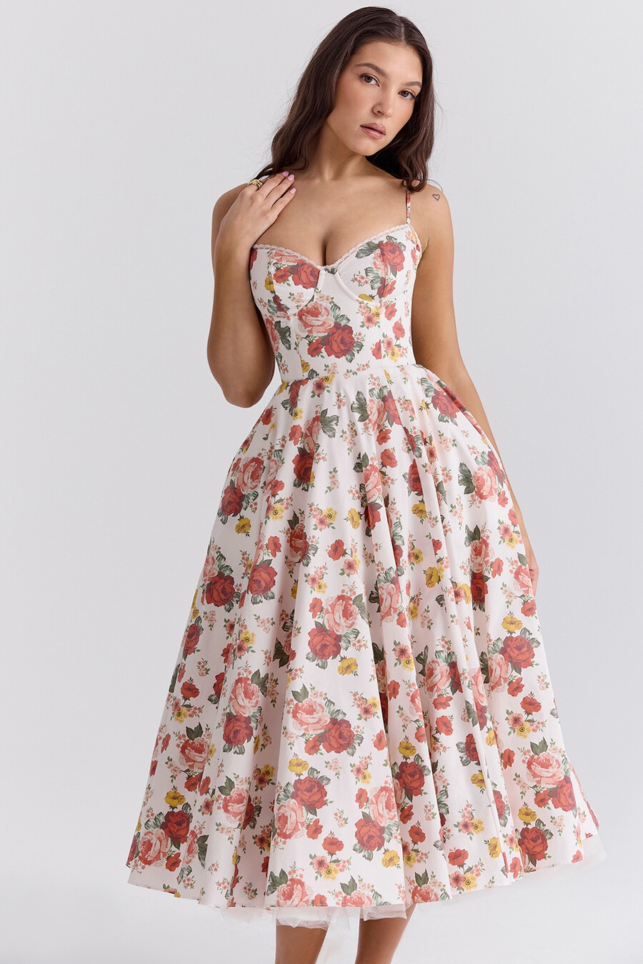 abito midi in tulle con stampa di rose italiane