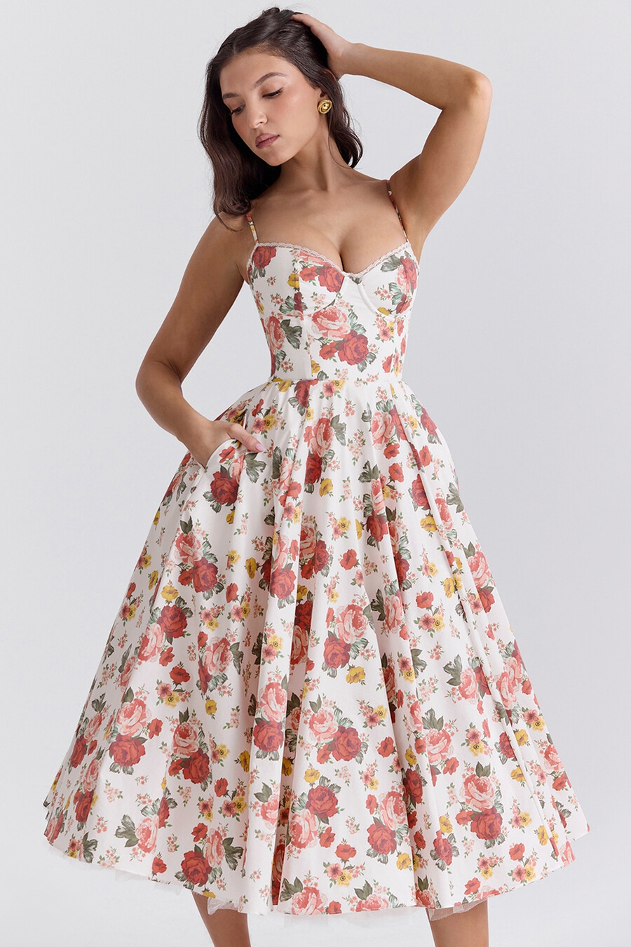 abito midi in tulle con stampa di rose italiane