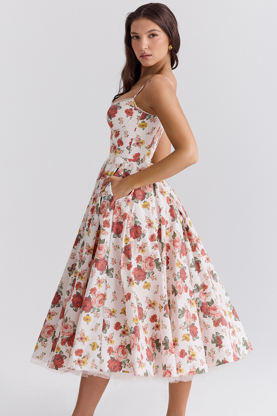 abito midi in tulle con stampa di rose italiane