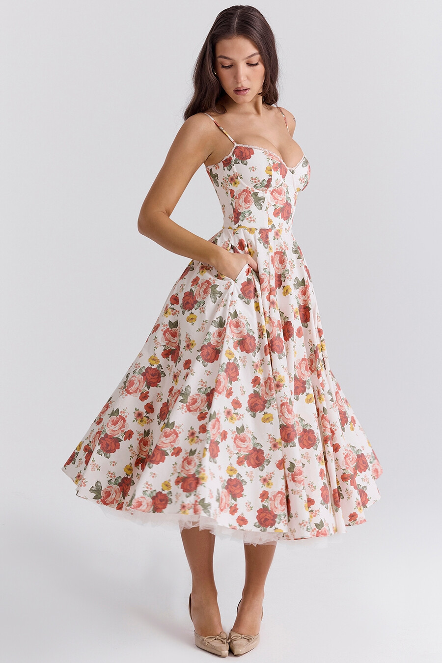 abito midi in tulle con stampa di rose italiane