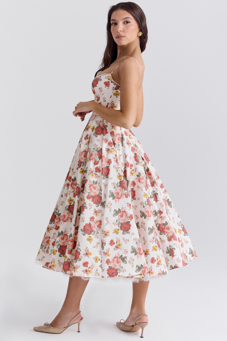 abito midi in tulle con stampa di rose italiane