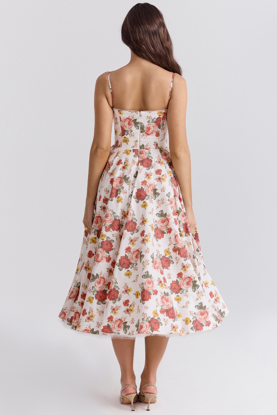 abito midi in tulle con stampa di rose italiane