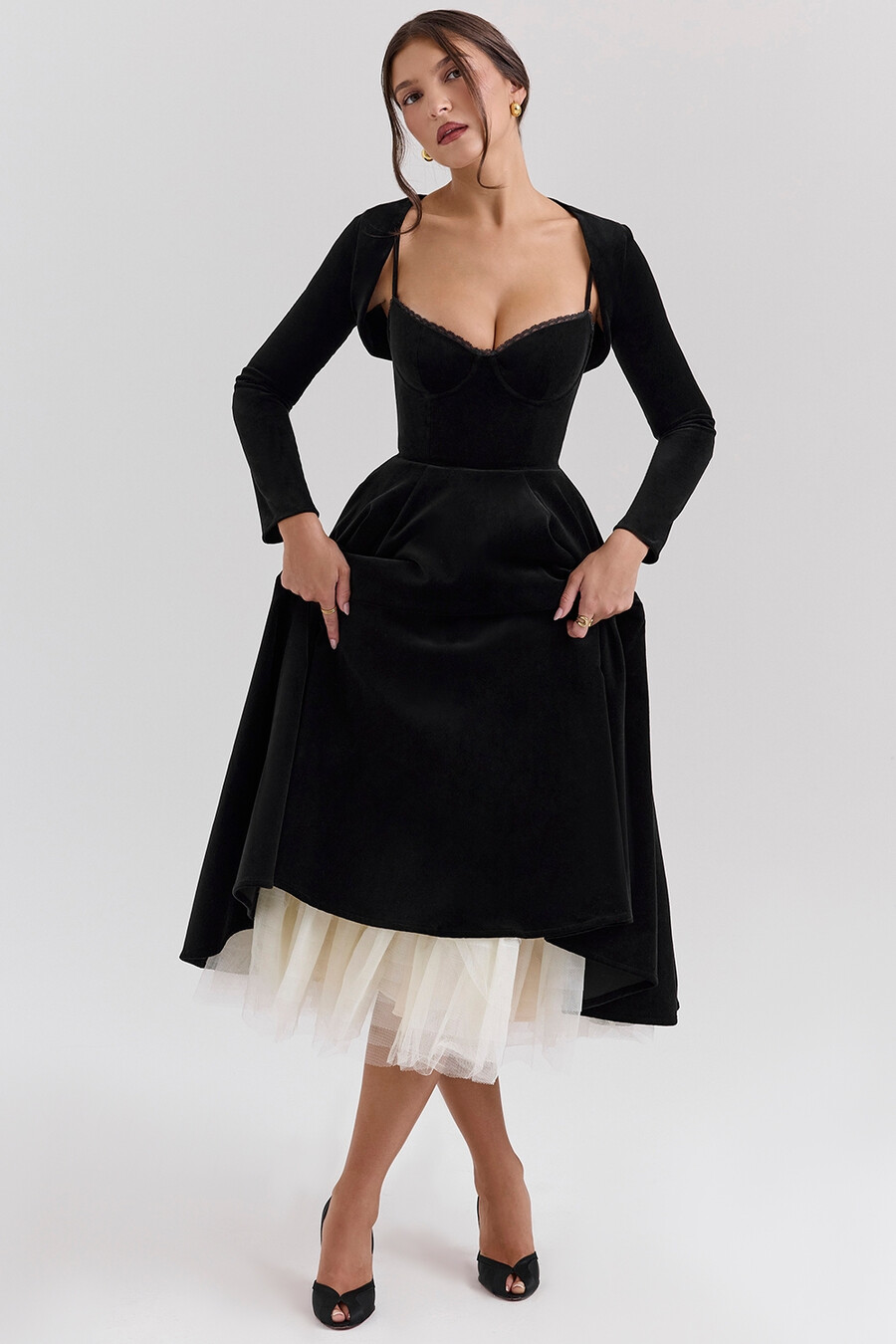 abito midi in tulle di velluto nero bolero