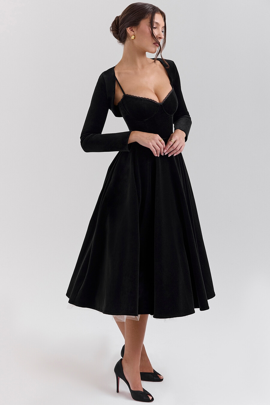 abito midi in tulle di velluto nero bolero