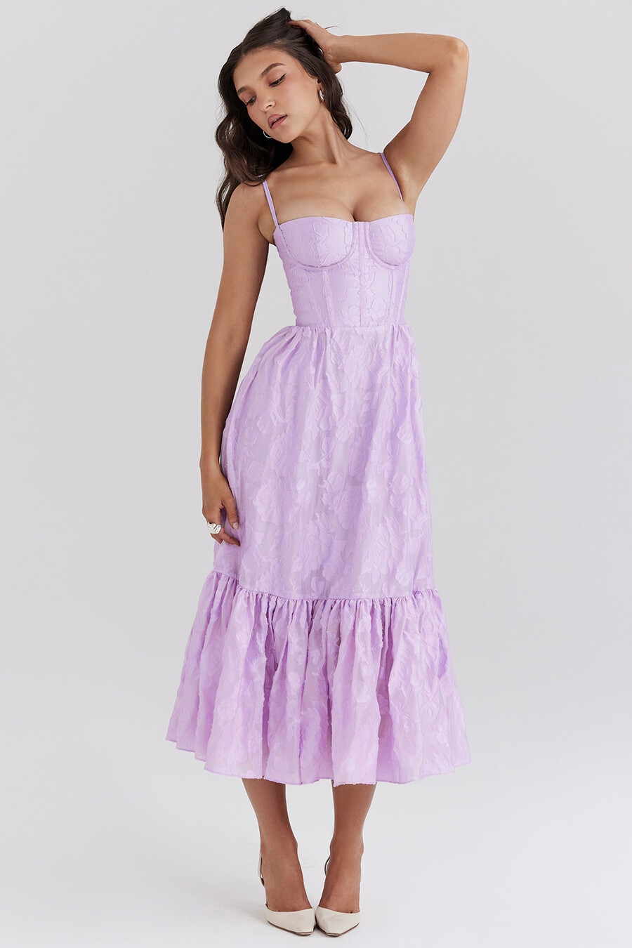 abito midi a balze in jacquard floreale orchidea
