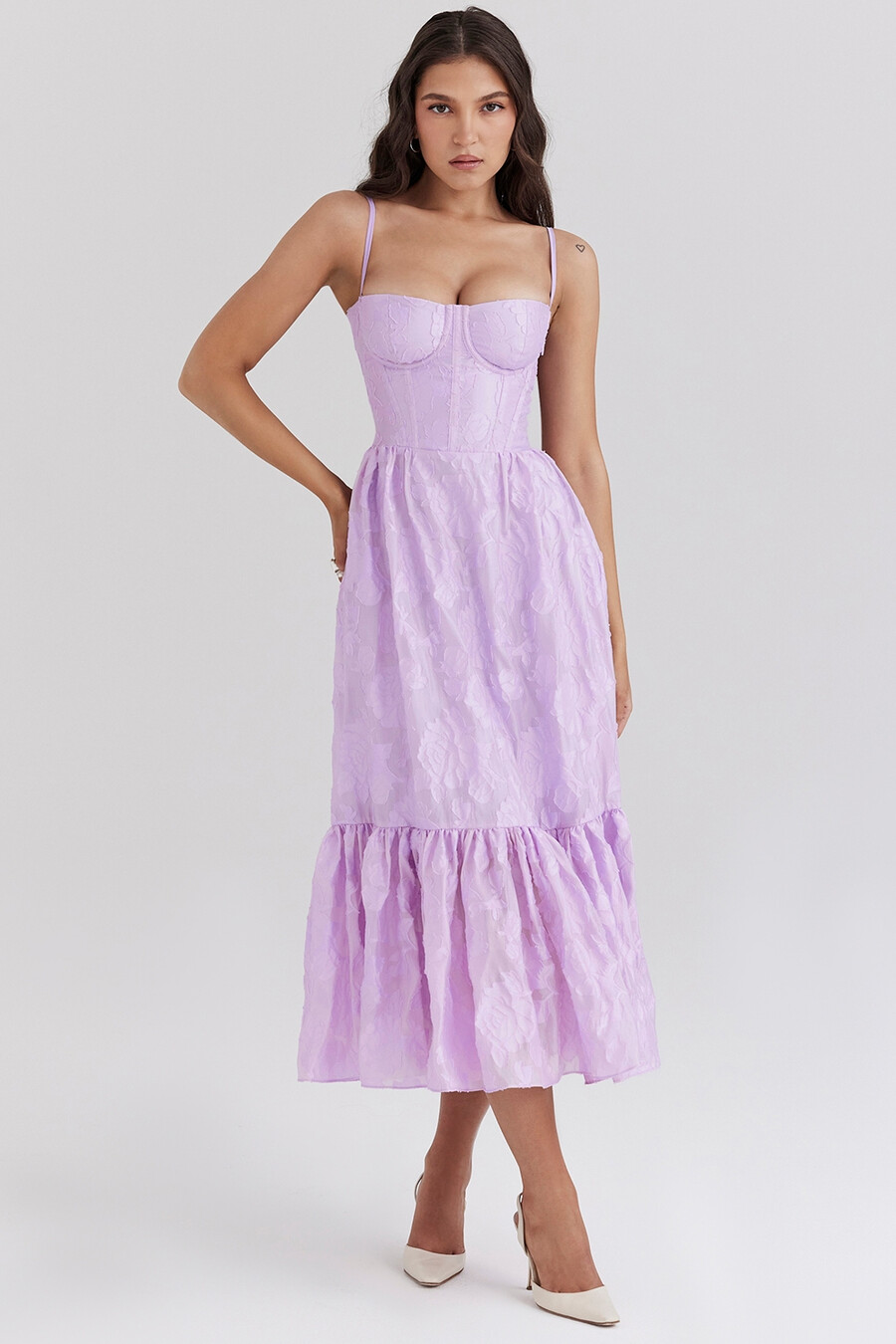 abito midi a balze in jacquard floreale orchidea