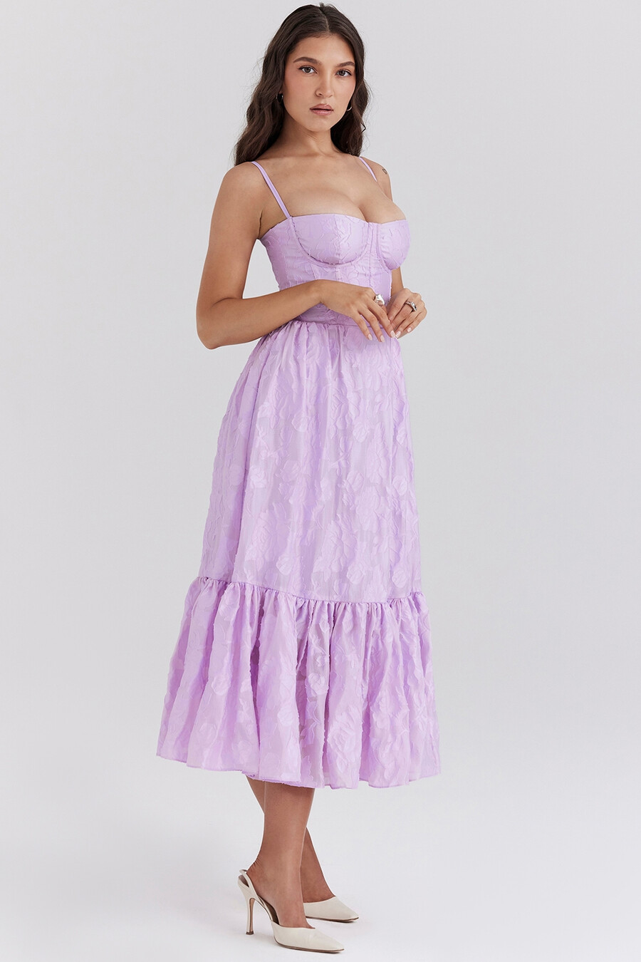 abito midi a balze in jacquard floreale orchidea