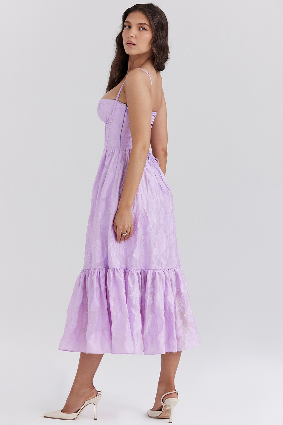 abito midi a balze in jacquard floreale orchidea