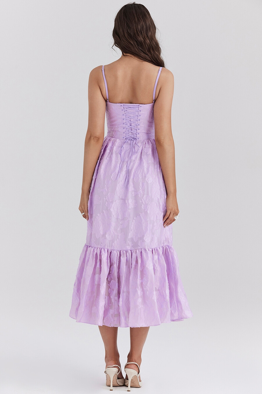 abito midi a balze in jacquard floreale orchidea