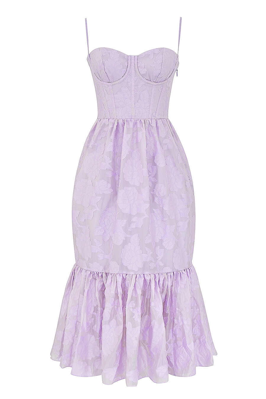 abito midi a balze in jacquard floreale orchidea
