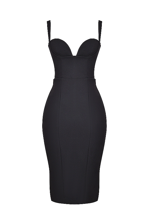 abito midi nero con scollo a cuore