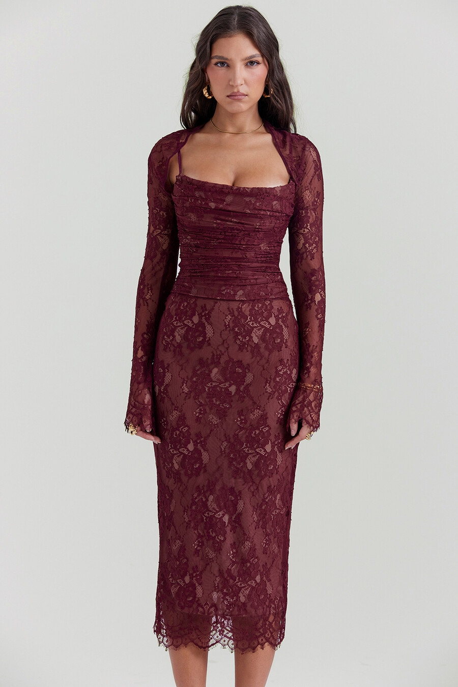 abito midi in pizzo bordeaux