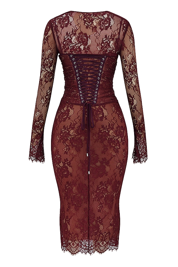 abito midi in pizzo bordeaux
