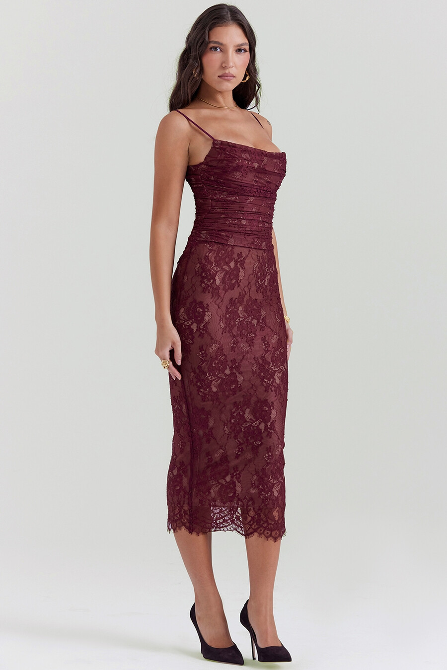 abito midi in pizzo bordeaux