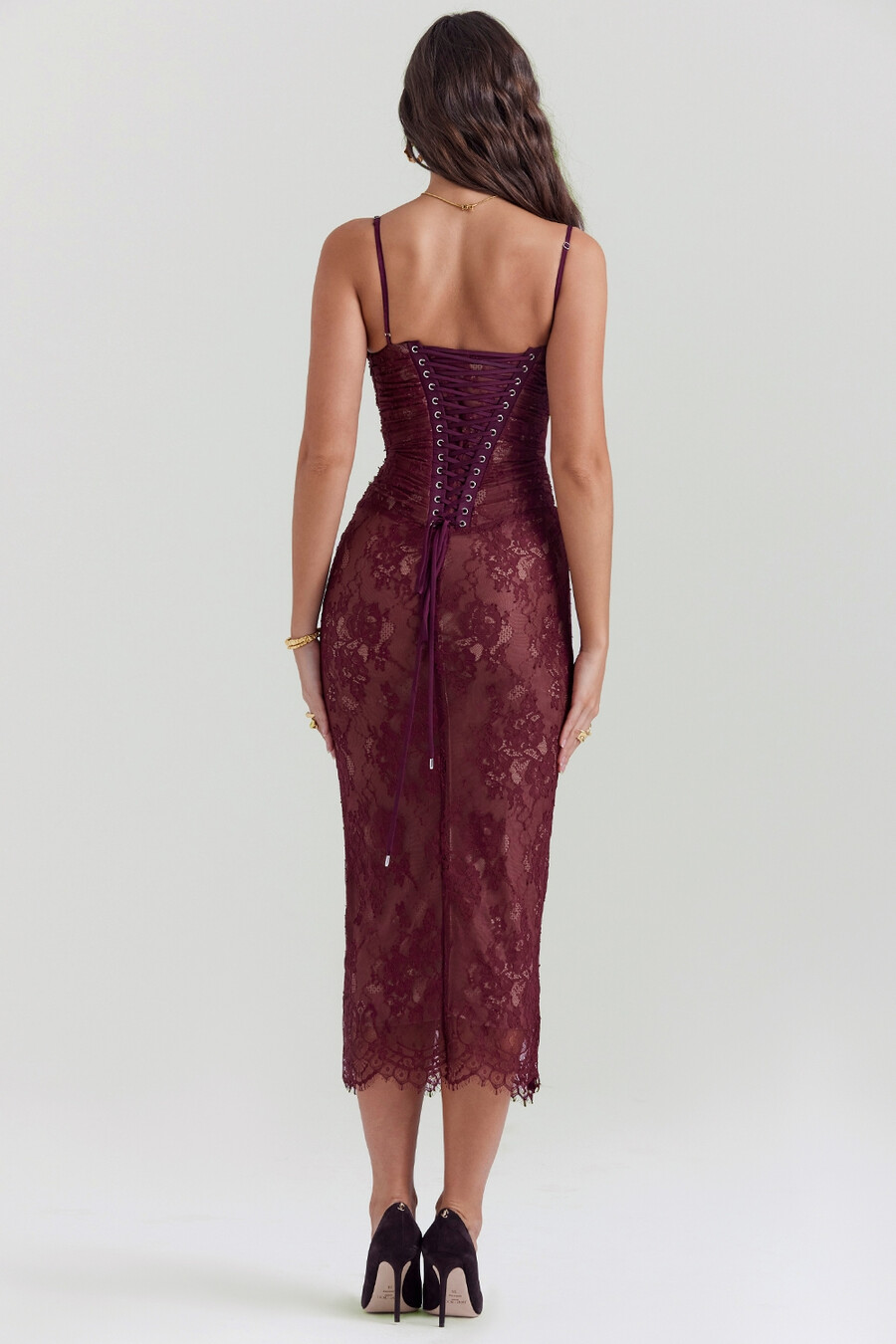 abito midi in pizzo bordeaux