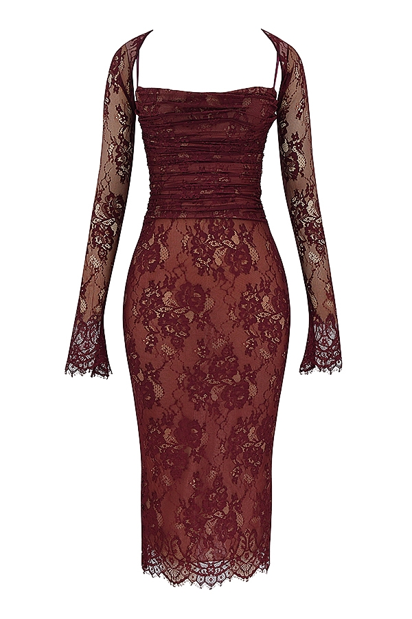 abito midi in pizzo bordeaux