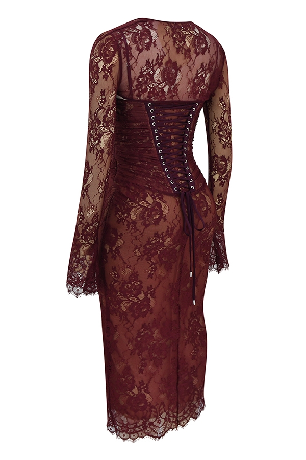 abito midi in pizzo bordeaux