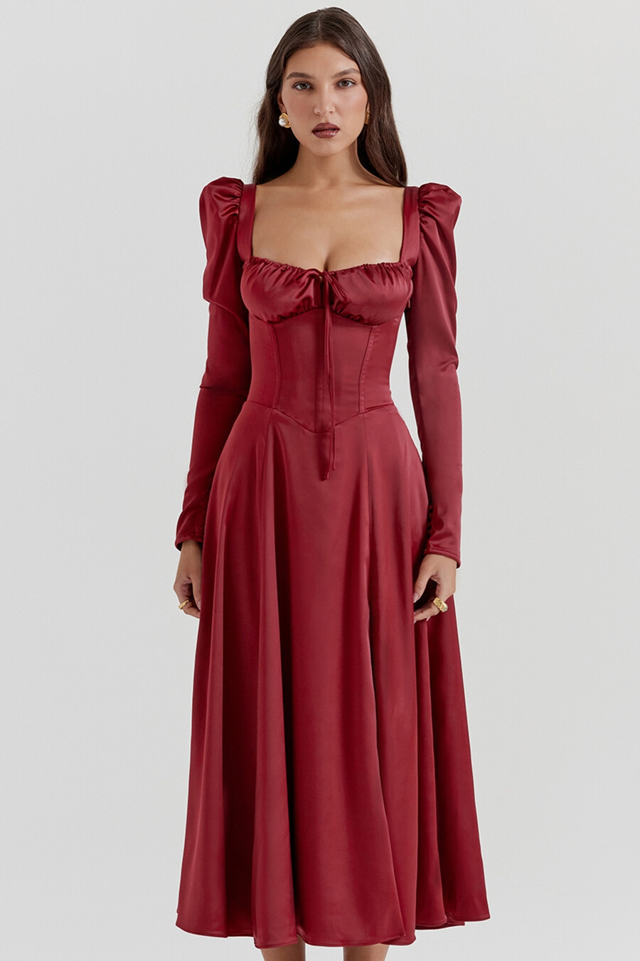 abito midi con corsetto color rubino