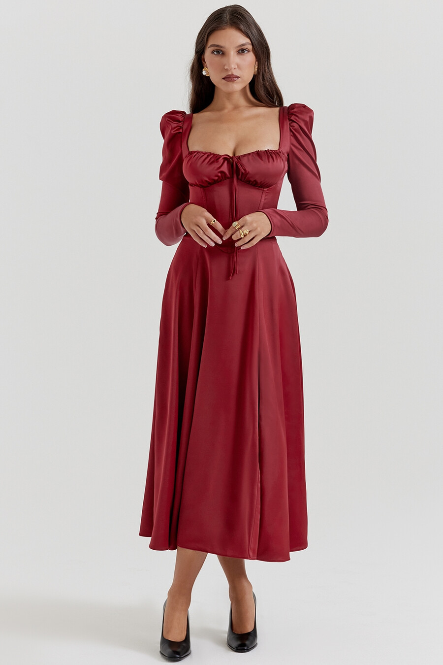 abito midi con corsetto color rubino