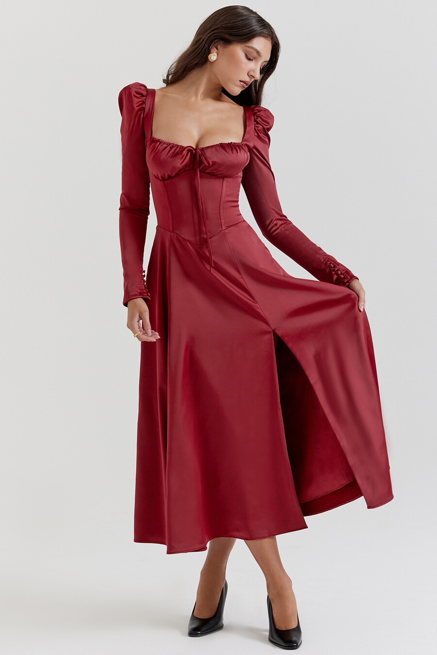 abito midi con corsetto color rubino