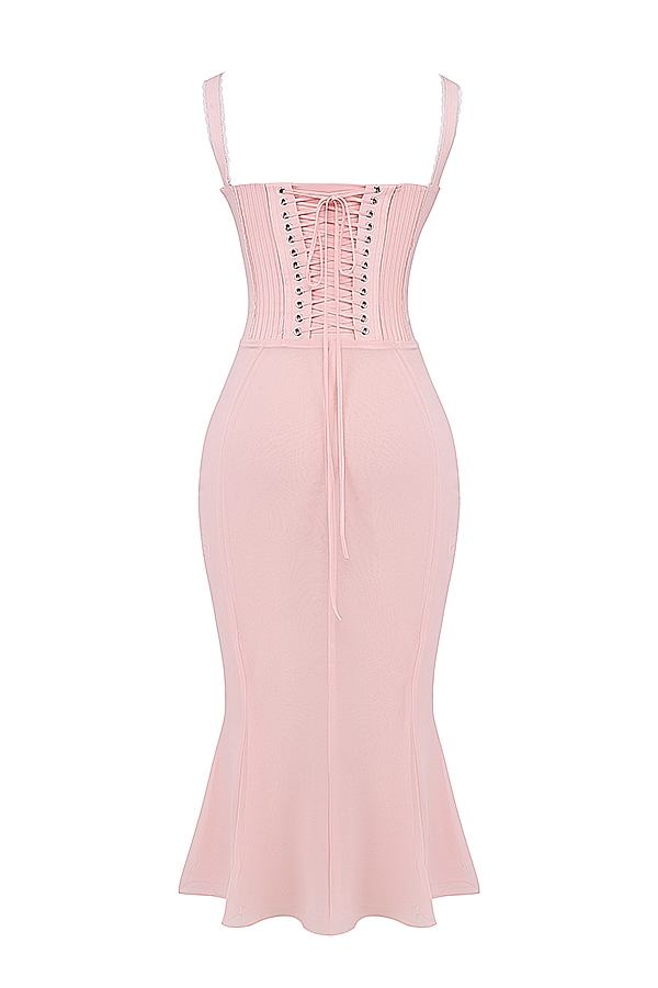 abito midi con schiena in pizzo color pesca