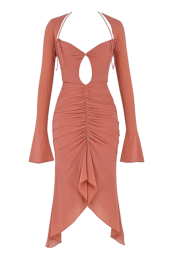 abito midi con volant in vera seta rosa