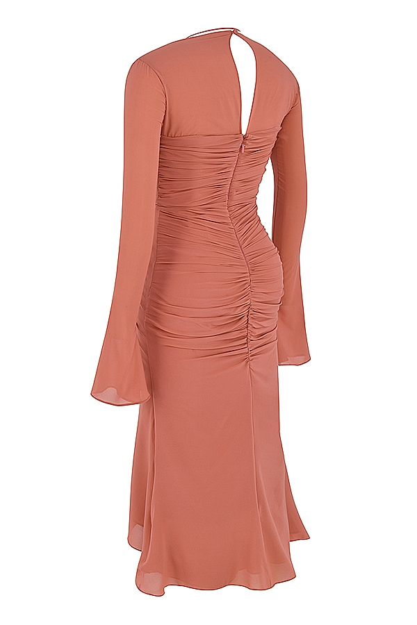 abito midi con volant in vera seta rosa