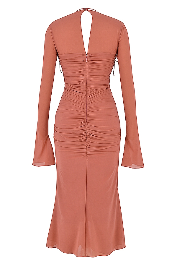 abito midi con volant in vera seta rosa