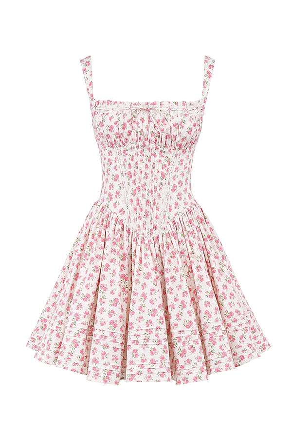 mini abito in cotone con stampa boccioli di rosa bianca