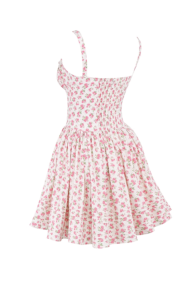 mini abito in cotone con stampa boccioli di rosa bianca
