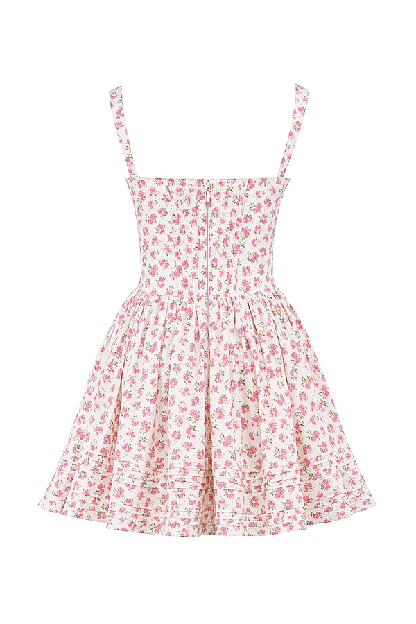 mini abito in cotone con stampa boccioli di rosa bianca