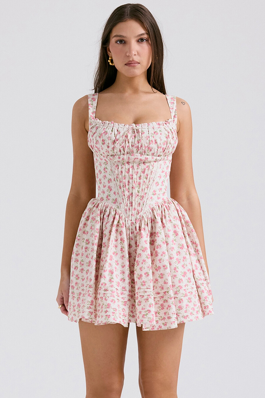 mini abito in cotone con stampa boccioli di rosa bianca