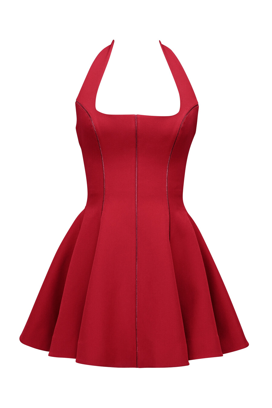 mini abito rosso con fiocco e scollo allamericana
