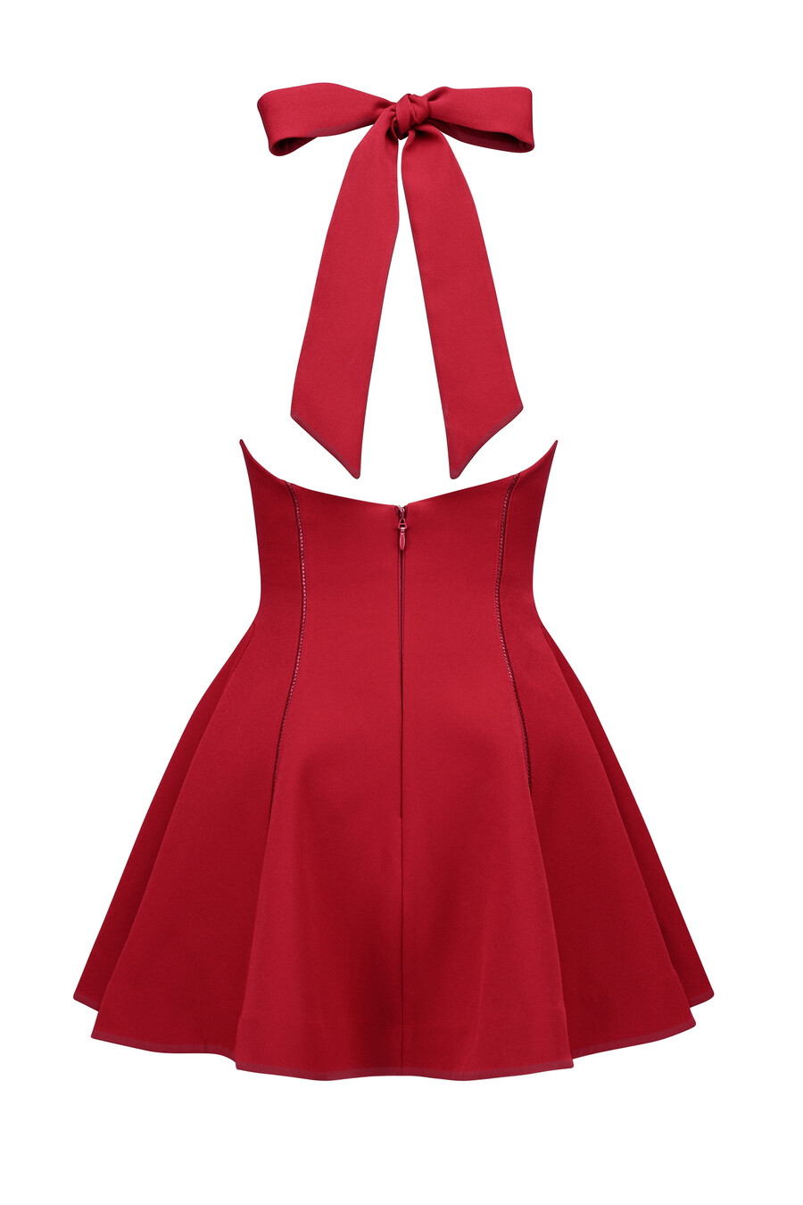 mini abito rosso con fiocco e scollo allamericana