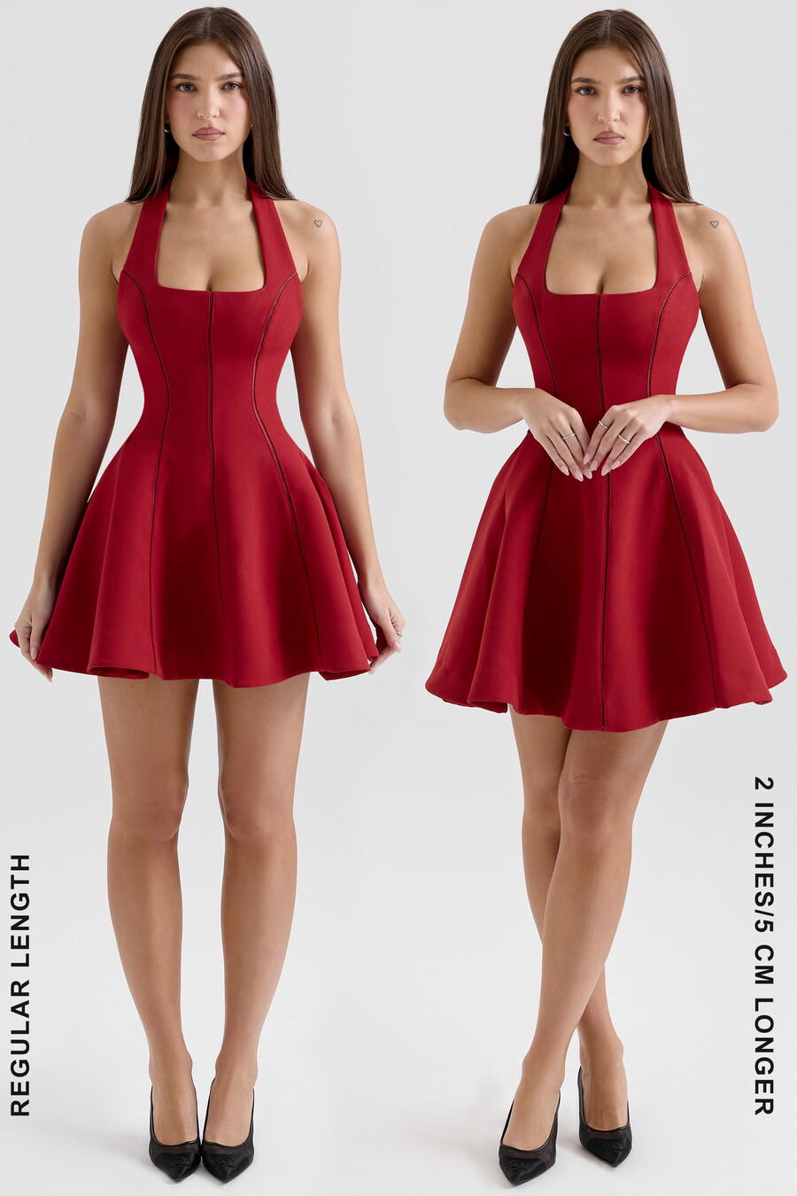 mini abito rosso con fiocco e scollo allamericana