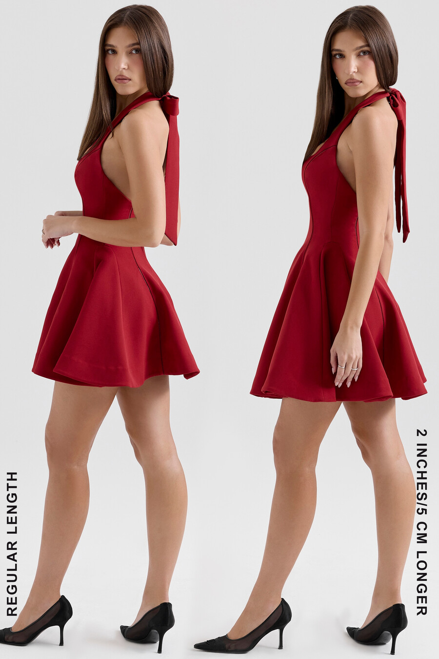 mini abito rosso con fiocco e scollo allamericana