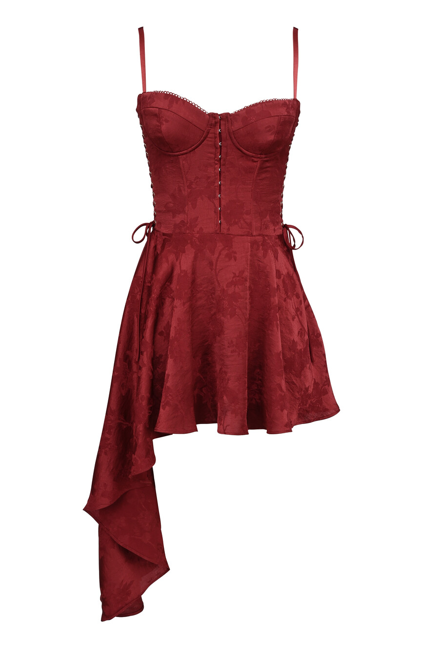 mini abito drappeggiato in raso jacquard color vino