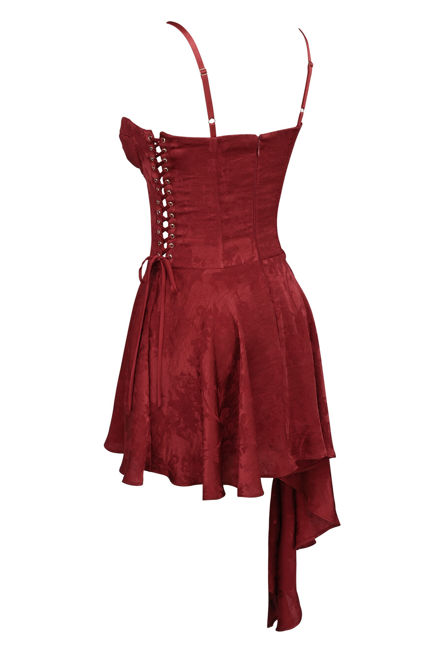 mini abito drappeggiato in raso jacquard color vino