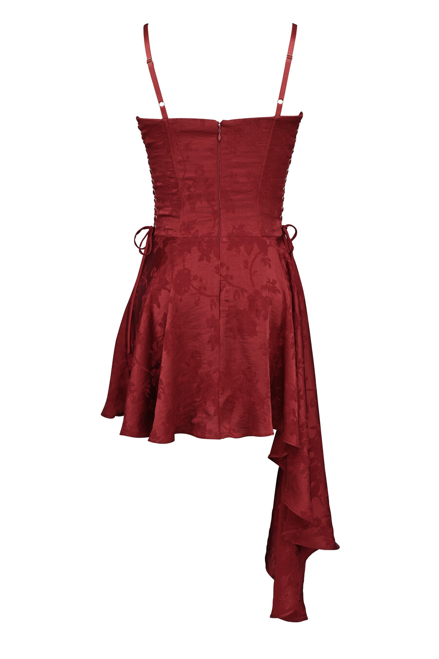 mini abito drappeggiato in raso jacquard color vino