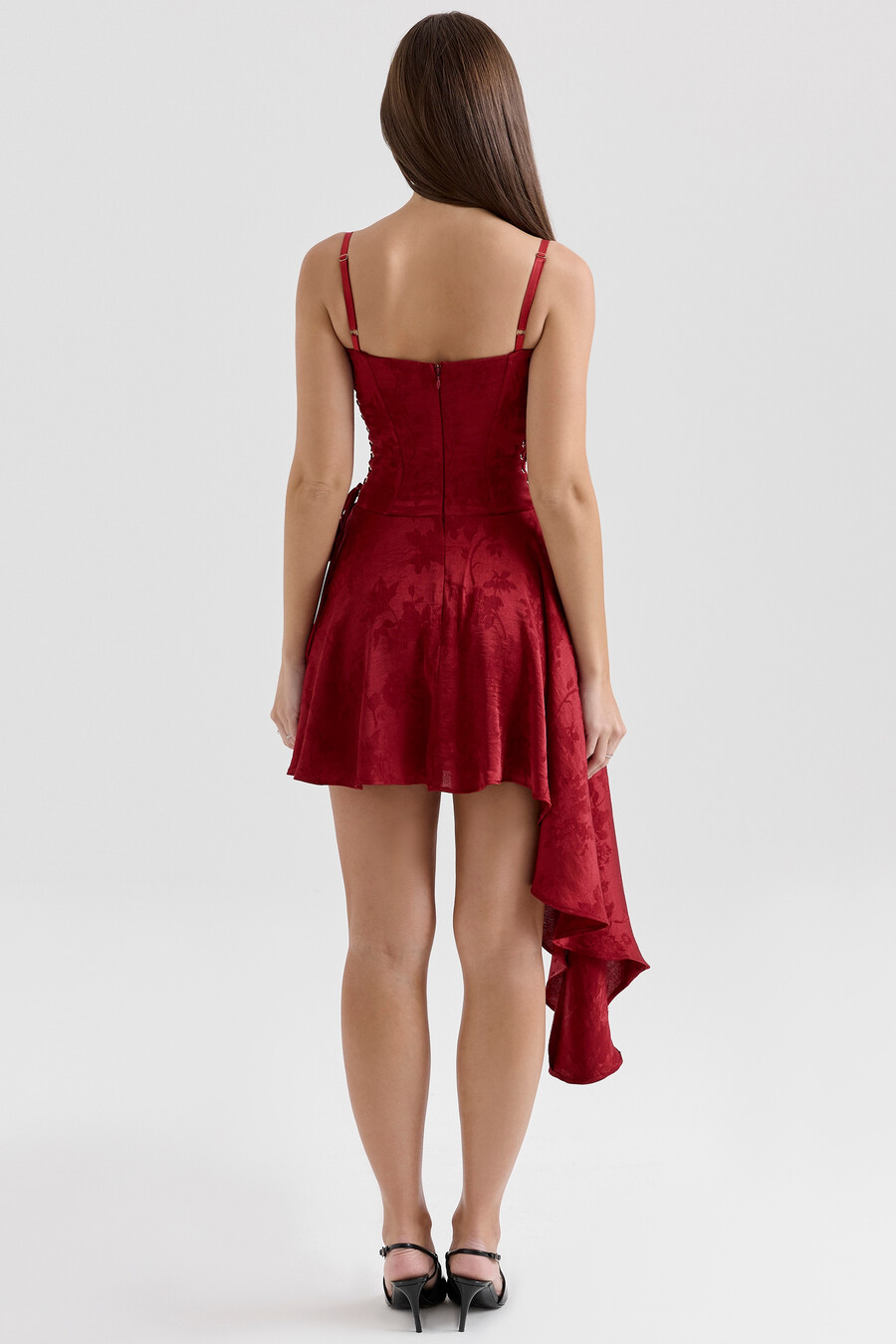mini abito drappeggiato in raso jacquard color vino