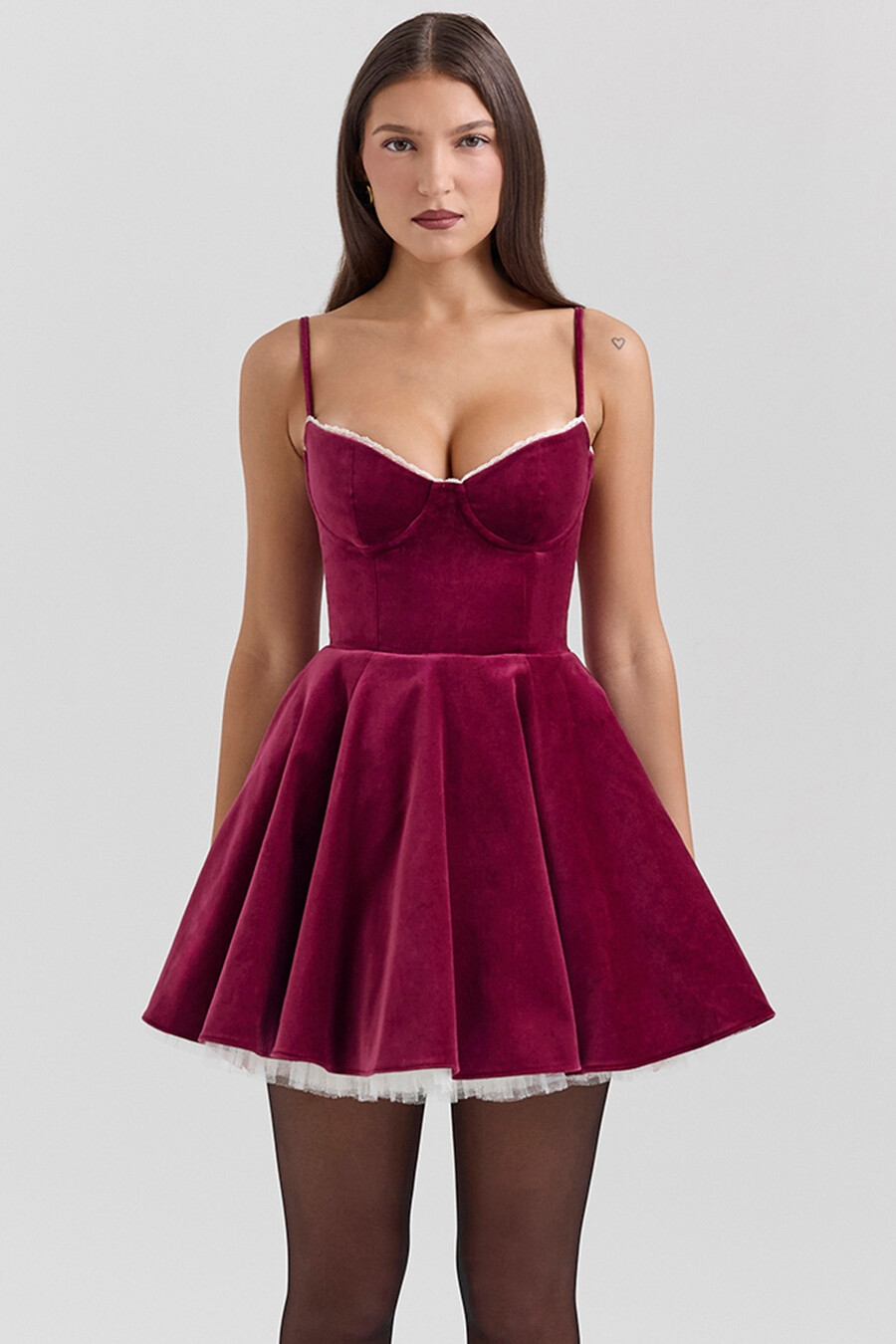 mini abito in tulle di velluto bordeaux