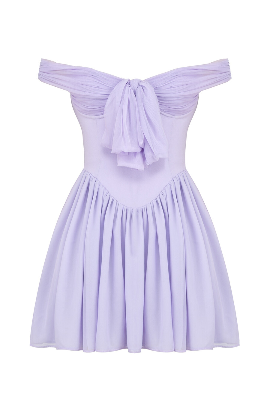 mini abito con spalle scoperte color orchidea