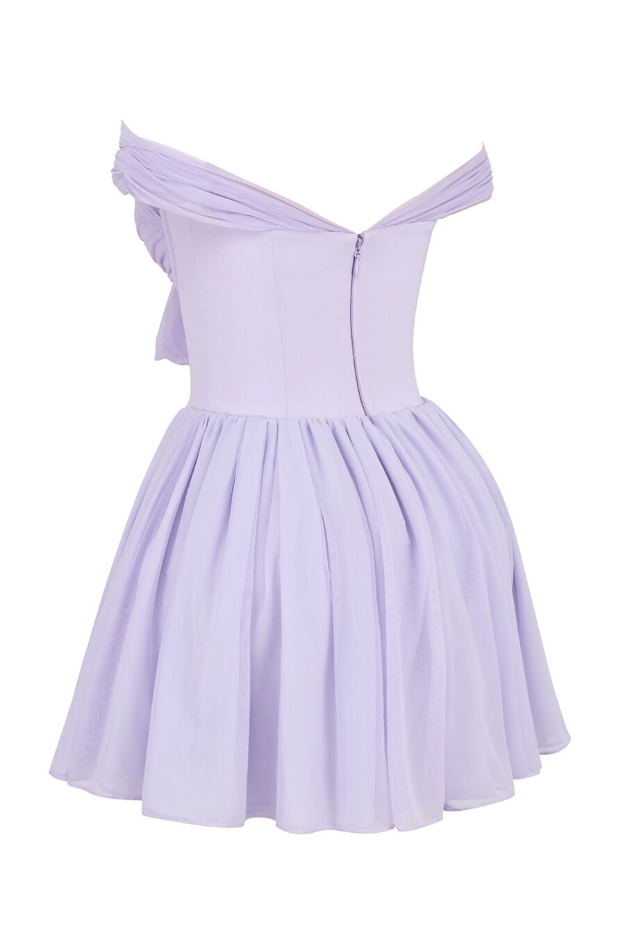 mini abito con spalle scoperte color orchidea