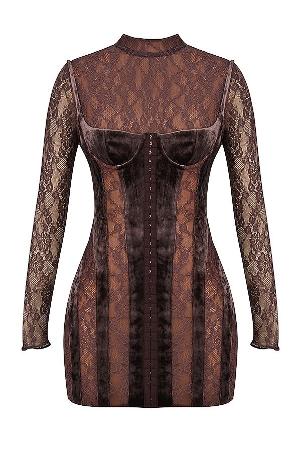 abito corsetto in velluto marrone e pizzo