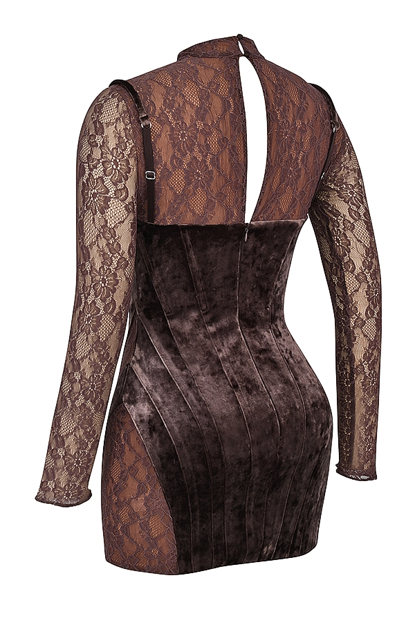 abito corsetto in velluto marrone e pizzo