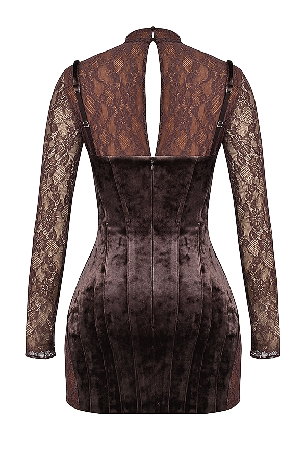 abito corsetto in velluto marrone e pizzo